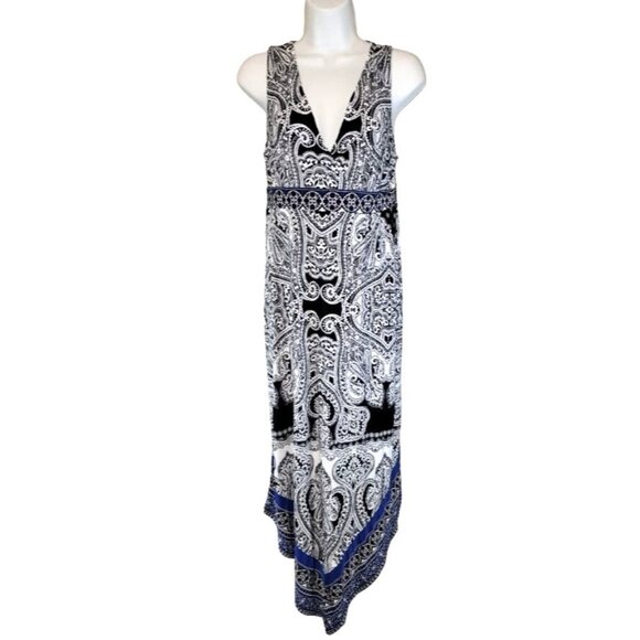INC International Concepts Black White Blue Asymmetrical Hem Dress Medium M - Picture 1 of 6